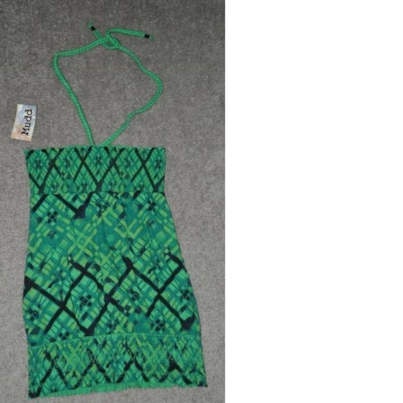 Womens Halter Tunic Mudd Green Medium Braided Straps Tie Dye Banded Hem Stretch - Picture 2 of 2
